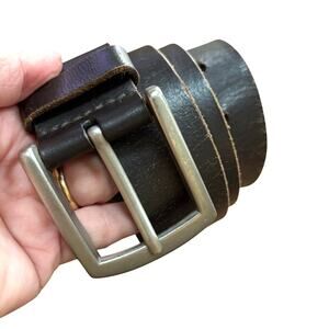Vintage 90's Esprit distressed dark BROWN leather belt chunky silvertone buckle